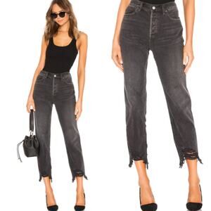 Free People Women's Chewed Up Mid-rise Straight Jean 27 Black Denim
